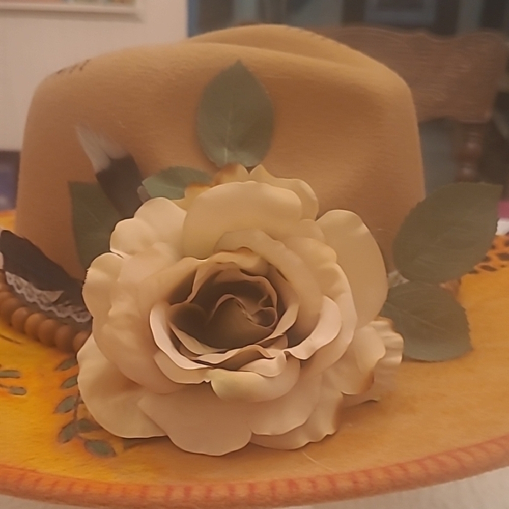 Hand Crafted Beige Orange Floral Bolero Hat Burned Outlines  Feathers Flowers - Picture 9 of 15